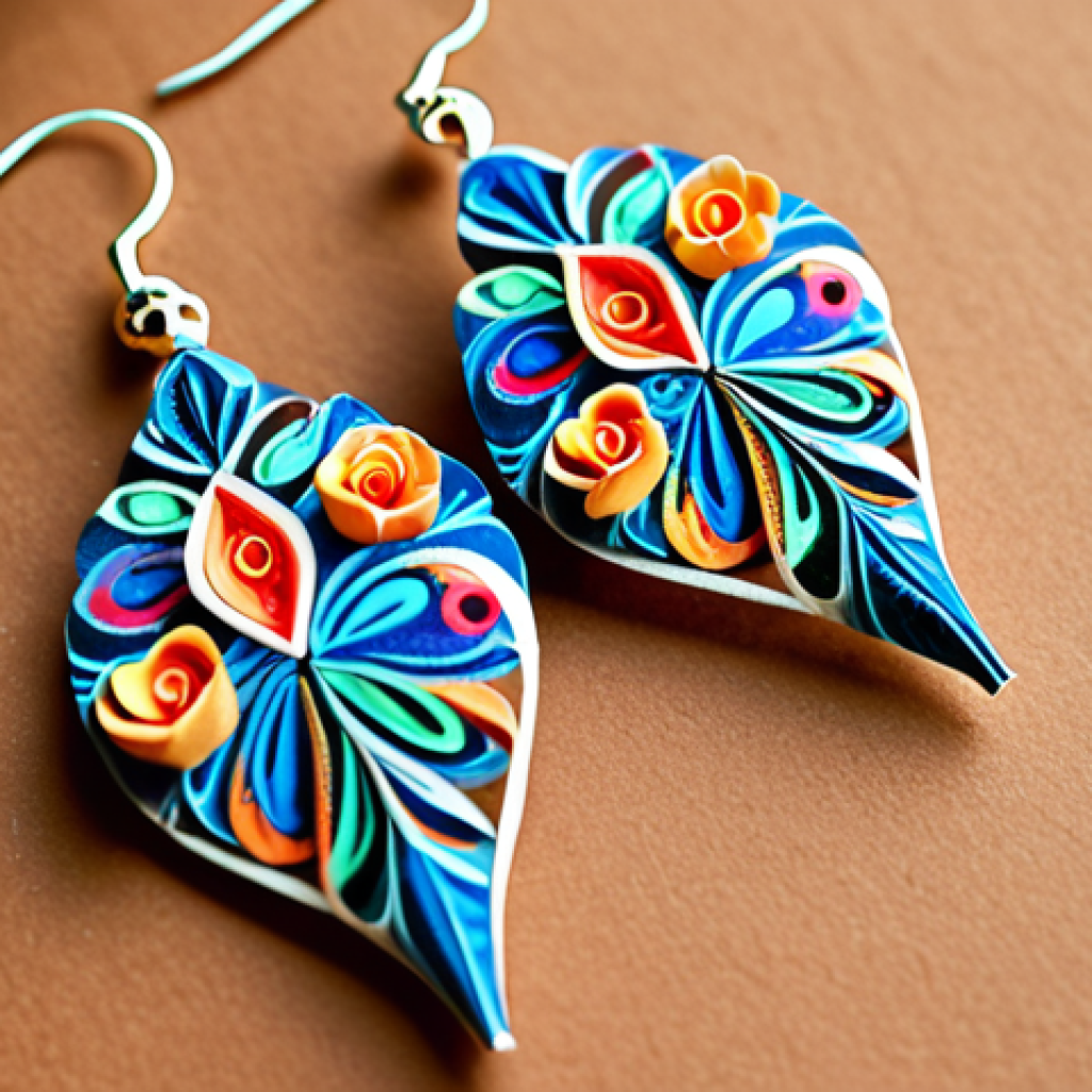 **

"Close-up of delicate paper earrings featuring intricate floral designs and vibrant colors, emphasizing the lightweight and stylish nature of the jewelry. Focus on the texture of the recycled paper."

**