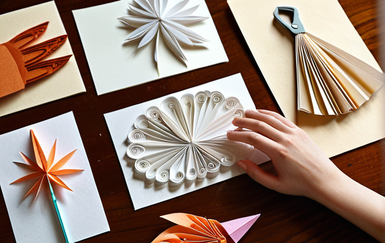 A close-up, high-detail shot of hands meticulously crafting intricate paper art, showcasing the delicate transformation of paper. In the foreground, a finely detailed paper-cut design, a delicate quilled motif, and a beautifully folded origami figure are visible. The scene is bathed in soft, diffused natural light, emphasizing the serene and meditative aspect of paper crafting. Various paper types with different textures and vibrant colors are scattered around. Sharp scissors, a precision craft knife, and a small glue bottle are subtly placed on a clean wooden surface. The overall mood is peaceful, focused, and deeply satisfying.